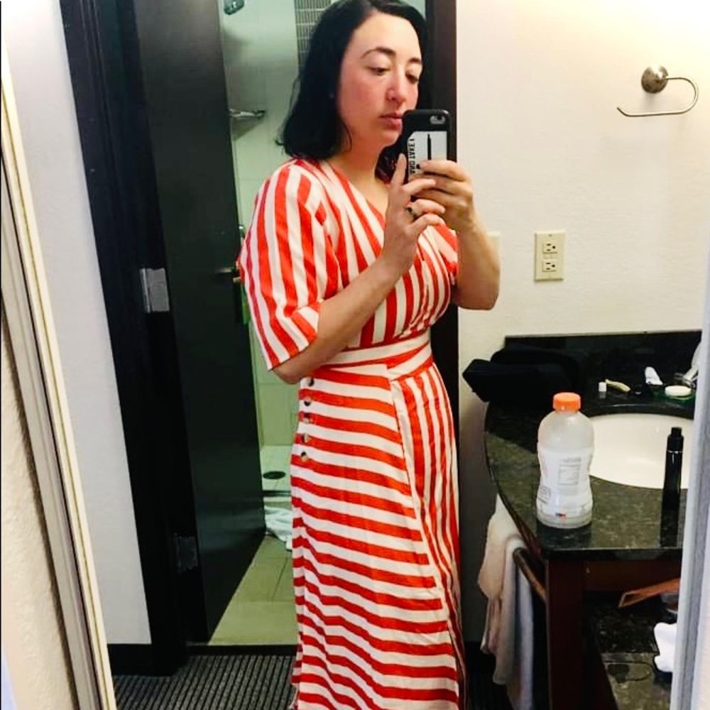 Orange and Cream Striped Summer Shirt and Skirt Ensemble